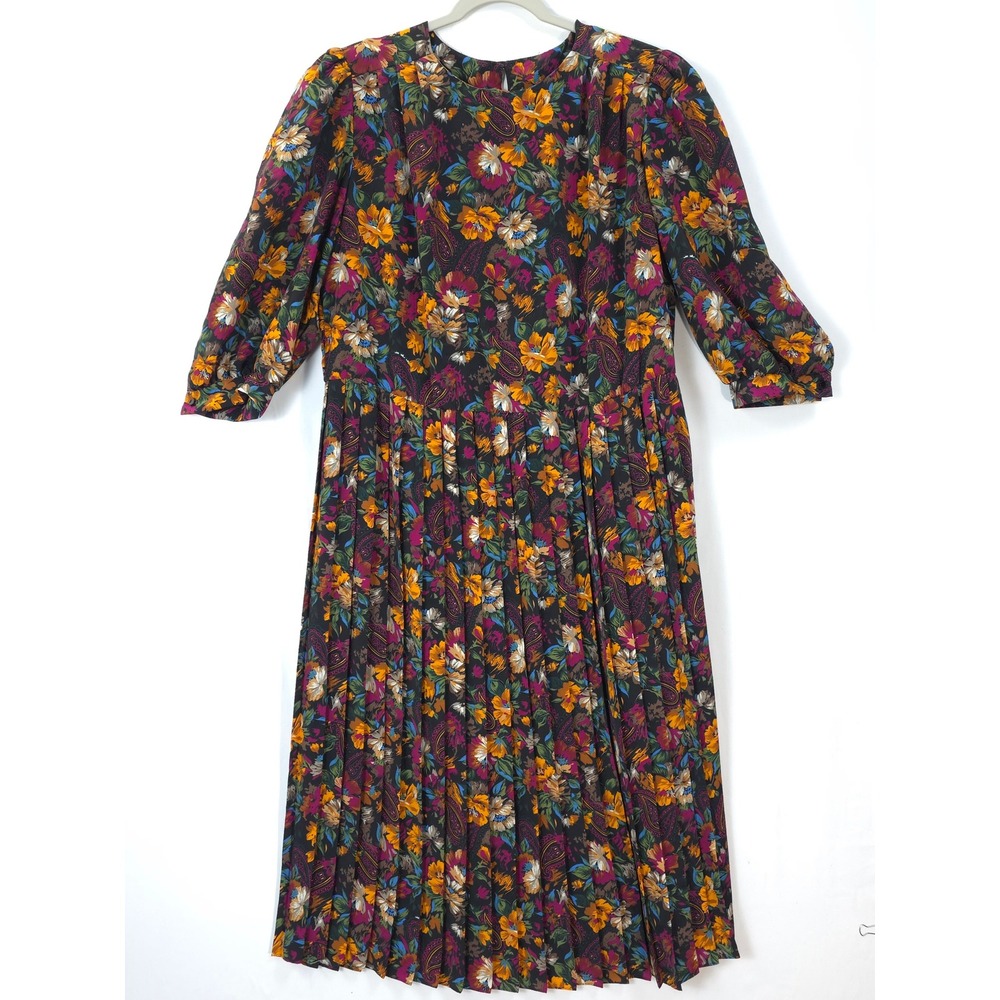 Vtg Lorac Floral Midi Dress Pleated Boho Fall Cottagecore L/ XL Romantic‎ Boho